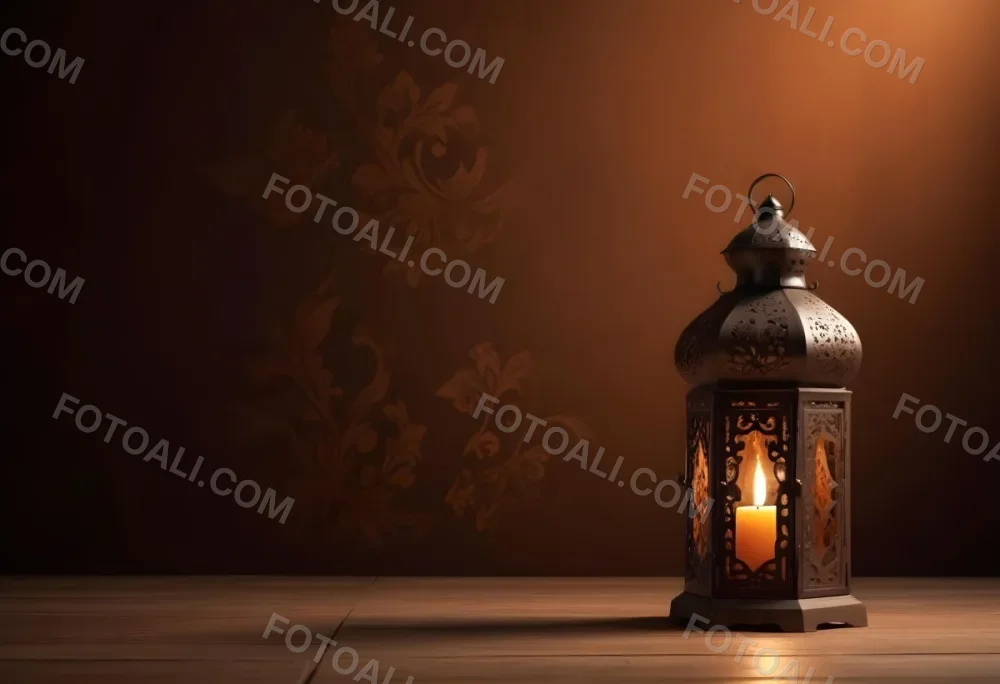 Digital Painting An Ornate Metal Lantern With A Candle Inside Casting Patterned Light On A Dark Brown Wall On A Wooden Surface Warm Ambient Lighting Bold And Slim Lines Brush Strokes 7 95a8