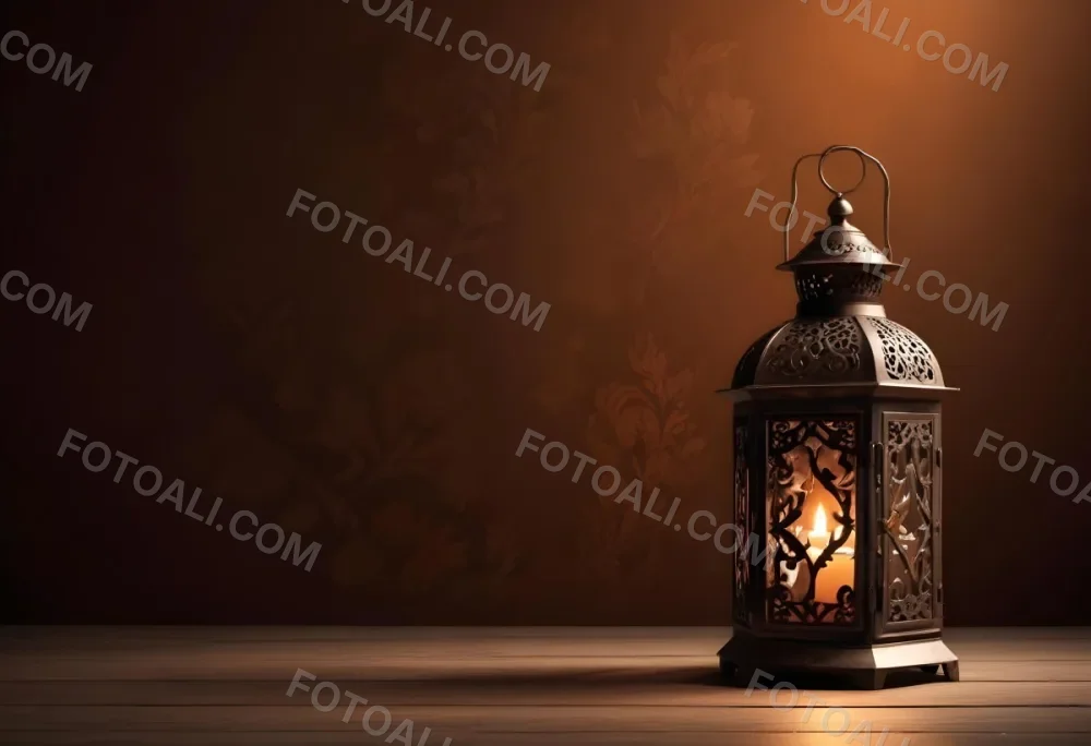 Digital Painting An Ornate Metal Lantern With A Candle Inside Casting Patterned Light On A Dark Brown Wall On A Wooden Surface Warm Ambient Lighting Bold And Slim Lines Brush Strokes 8 3a80