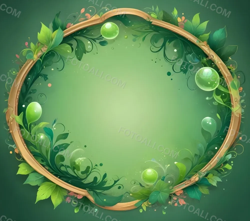 Digital Painting An Oval Frame With A Green Gradient Background Decorated With Green Swirls Leaves And Colorful Bubbles Creating A Vibrant And Nature Inspired Design Bold And Slim Lines Brush Strokes 38 D211