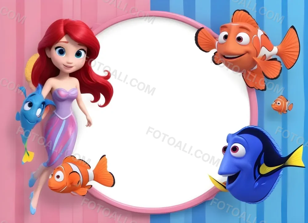 Digital Painting Ariel Flounder Sebastian Nemo And Dory In A Frame With A Pink And Blue Striped Background Bold And Slim Lines Brush Strokes 1 07bd