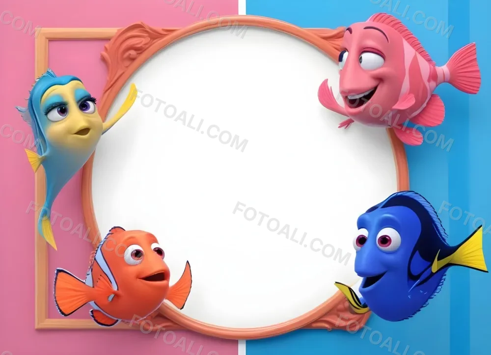 Digital Painting Ariel Flounder Sebastian Nemo And Dory In A Frame With A Pink And Blue Striped Background Bold And Slim Lines Brush Strokes 2 9874