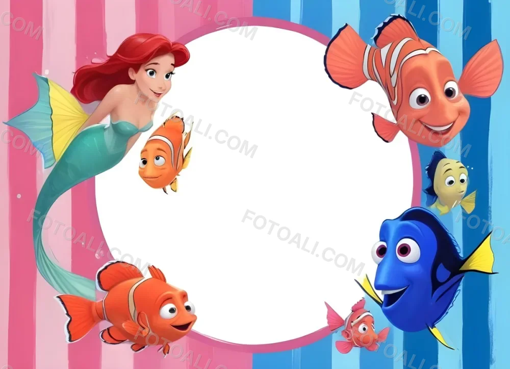 Digital Painting Ariel Flounder Sebastian Nemo And Dory In A Frame With A Pink And Blue Striped Background Bold And Slim Lines Brush Strokes 3 8074