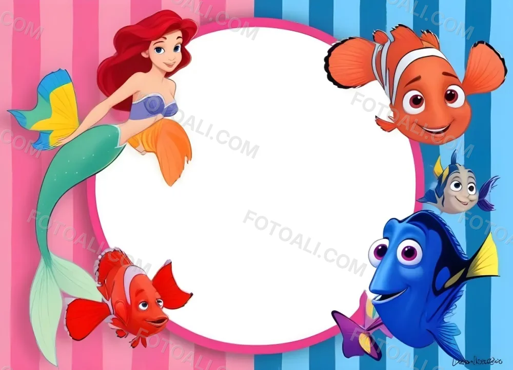 Digital Painting Ariel Flounder Sebastian Nemo And Dory In A Frame With A Pink And Blue Striped Background Bold And Slim Lines Brush Strokes 4 F6ee
