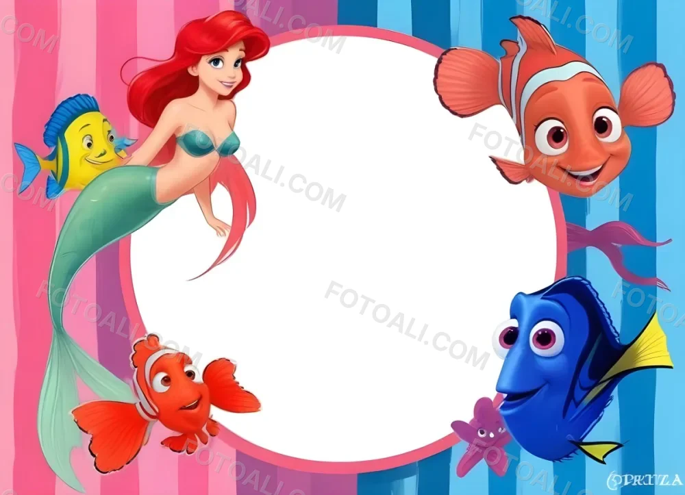 Digital Painting Ariel Flounder Sebastian Nemo And Dory In A Frame With A Pink And Blue Striped Background Bold And Slim Lines Brush Strokes 6 56ab