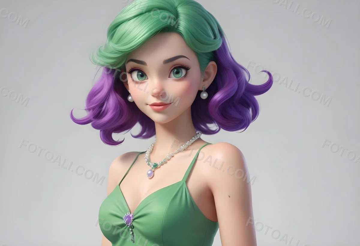 Digital Painting Ariel With Green Hair Wearing A Green Top And A Purple Dress White Pearls Frame White Background Bold And Slim Lines Brush Strokes 2 Dc9f