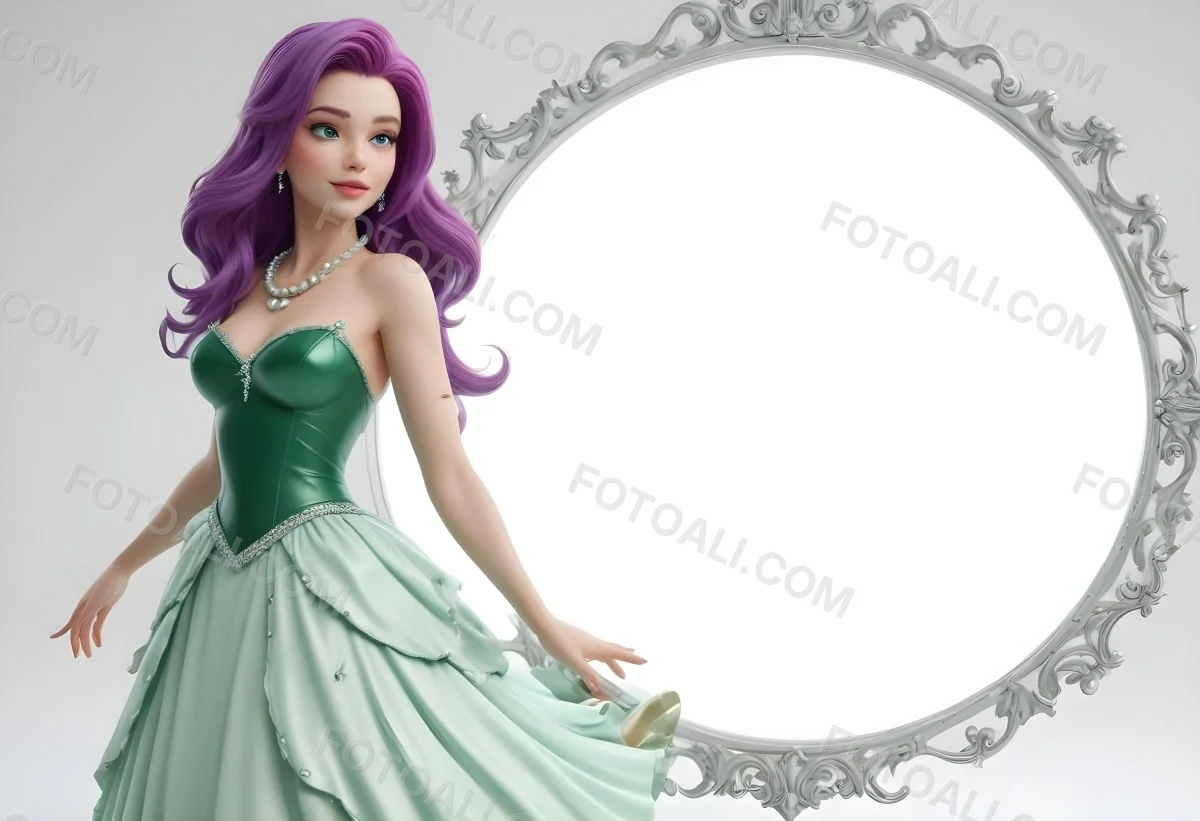 Digital Painting Ariel With Green Hair Wearing A Green Top And A Purple Dress White Pearls Frame White Background Bold And Slim Lines Brush Strokes 3 3762