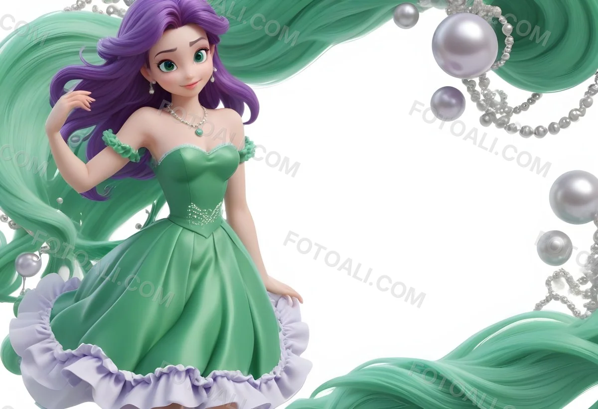 Digital Painting Ariel With Green Hair Wearing A Green Top And A Purple Dress White Pearls Frame White Background Bold And Slim Lines Brush Strokes 6 9bf2