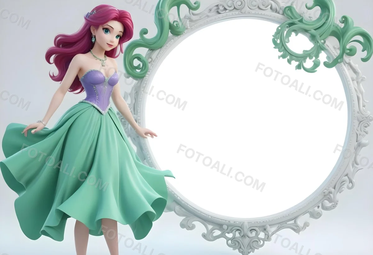 Digital Painting Ariel With Green Hair Wearing A Green Top And A Purple Dress White Pearls Frame White Background Bold And Slim Lines Brush Strokes 7 07eb