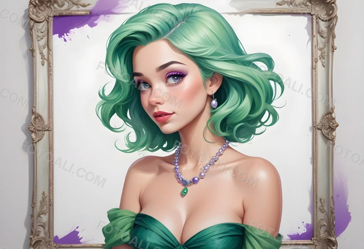 Digital Painting Ariel With Green Hair Wearing A Green Top And A Purple Dress White Pearls Frame White Background Bold And Slim Lines Brush Strokes 8 3f1e