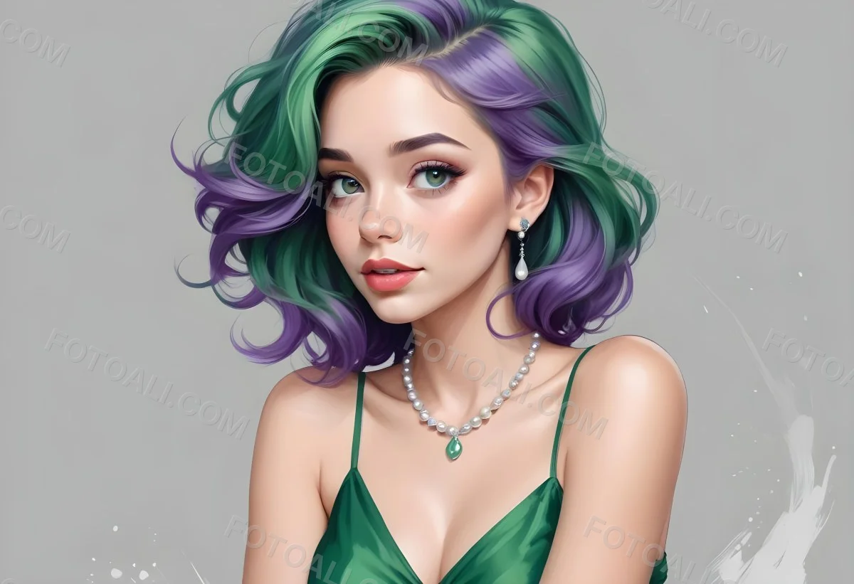 Digital Painting Ariel With Green Hair Wearing A Green Top And A Purple Dress White Pearls Frame White Background Bold And Slim Lines Brush Strokes 9 3bb2
