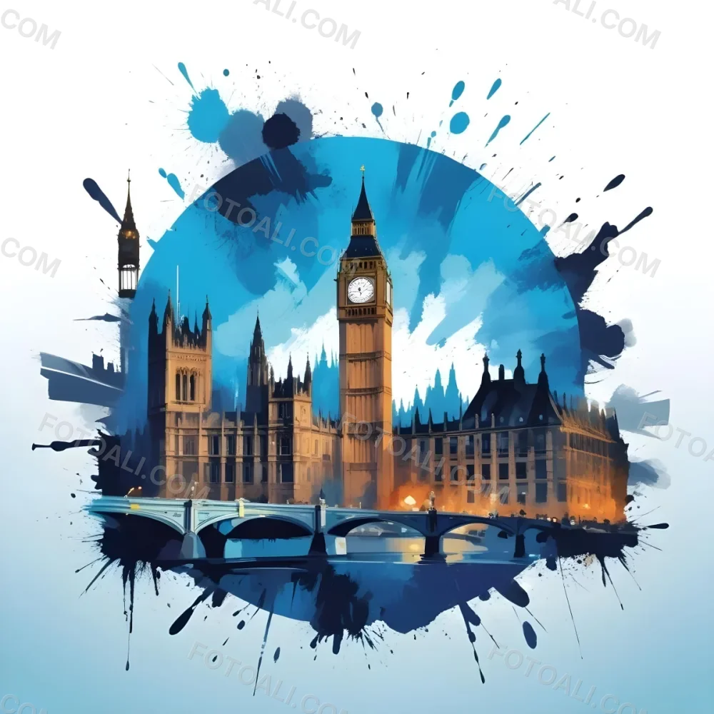 Digital Painting Big Ben And Other Monuments With A Blue Background Bold And Slim Lines Brush Strokes 17 68fd