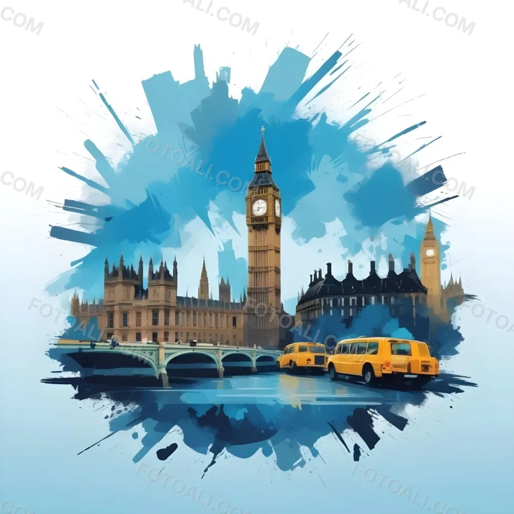 Digital Painting Big Ben And Other Monuments With A Blue Background Bold And Slim Lines Brush Strokes 24 7dcf