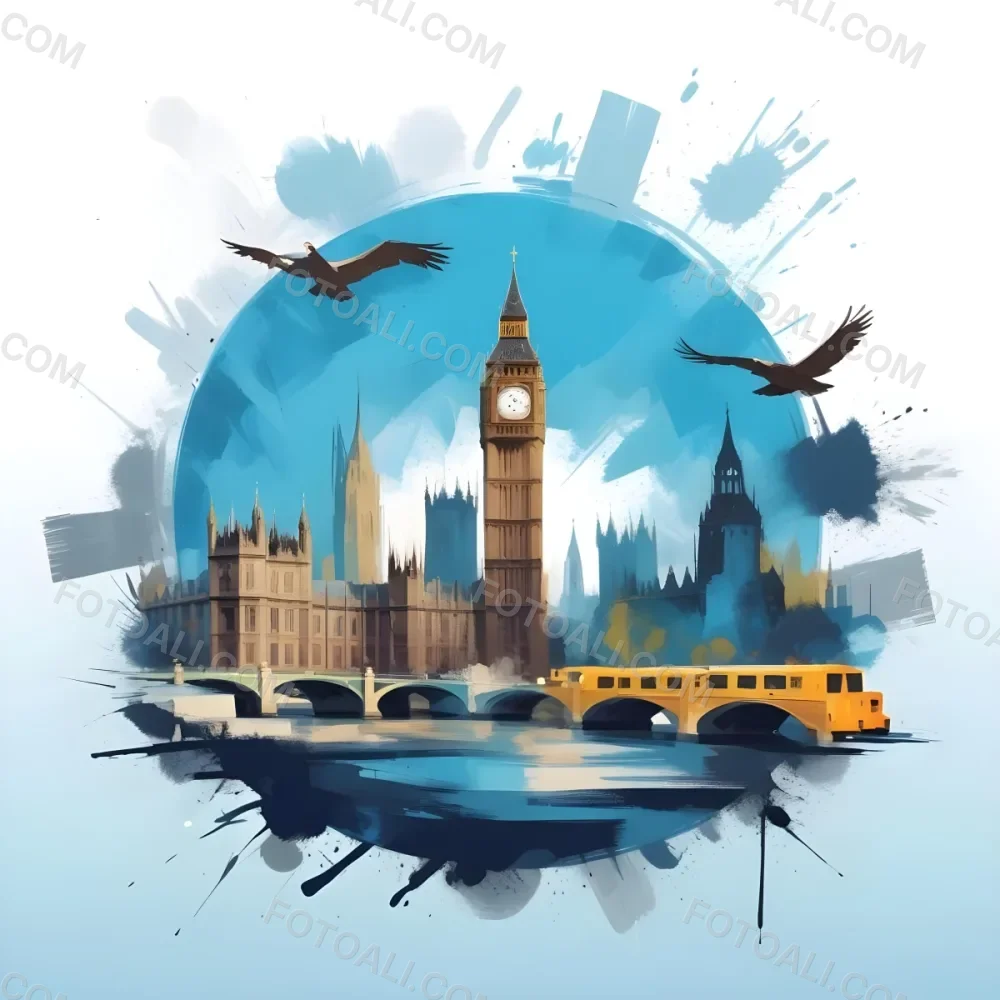 Digital Painting Big Ben And Other Monuments With A Blue Background Bold And Slim Lines Brush Strokes 29 9a1b