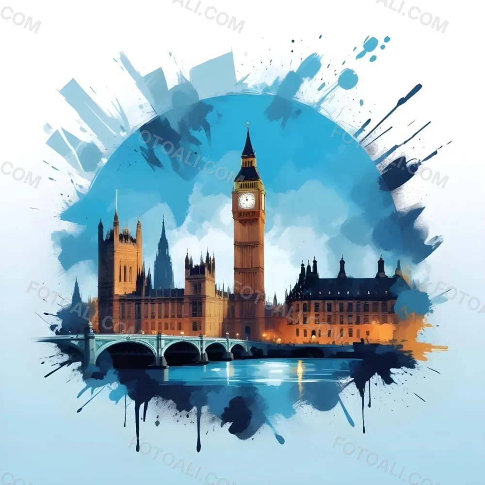Digital Painting Big Ben And Other Monuments With A Blue Background Bold And Slim Lines Brush Strokes 4 E426