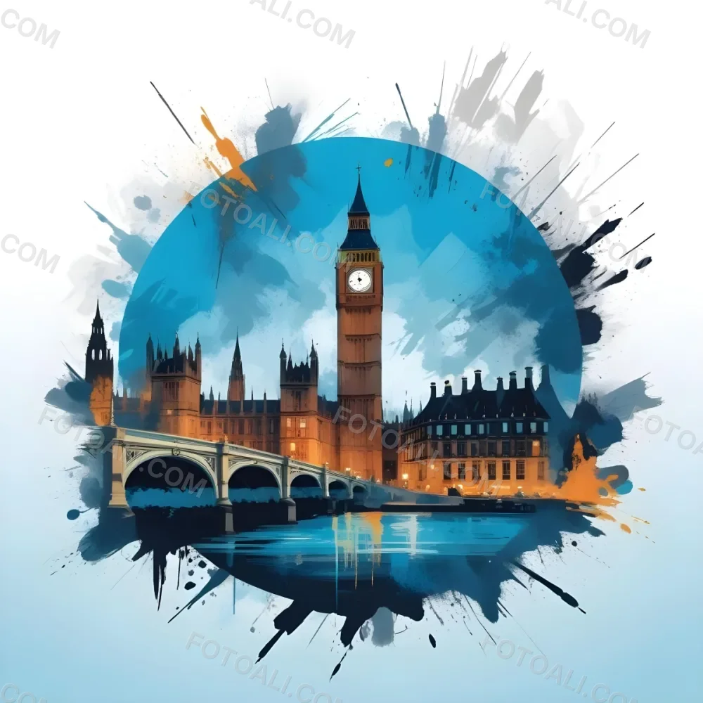 Digital Painting Big Ben And Other Monuments With A Blue Background Bold And Slim Lines Brush Strokes 6 7377