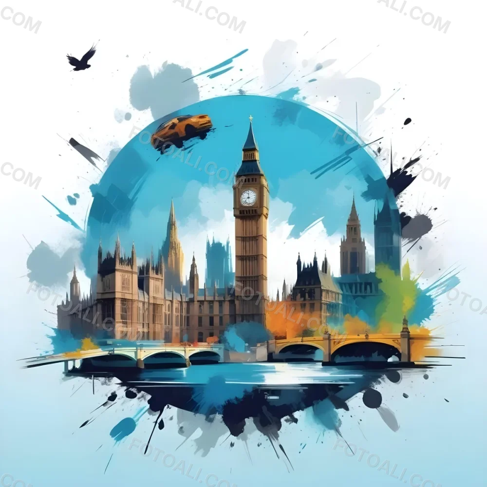 Digital Painting Big Ben And Other Monuments With A Blue Background Bold And Slim Lines Brush Strokes 7 55dd