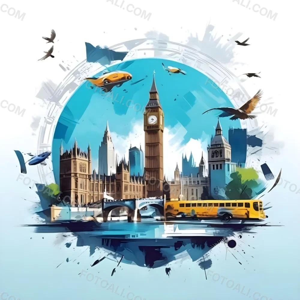 Digital Painting Big Ben And Other Monuments With A Blue Background Bold And Slim Lines Brush Strokes 9 C1b3