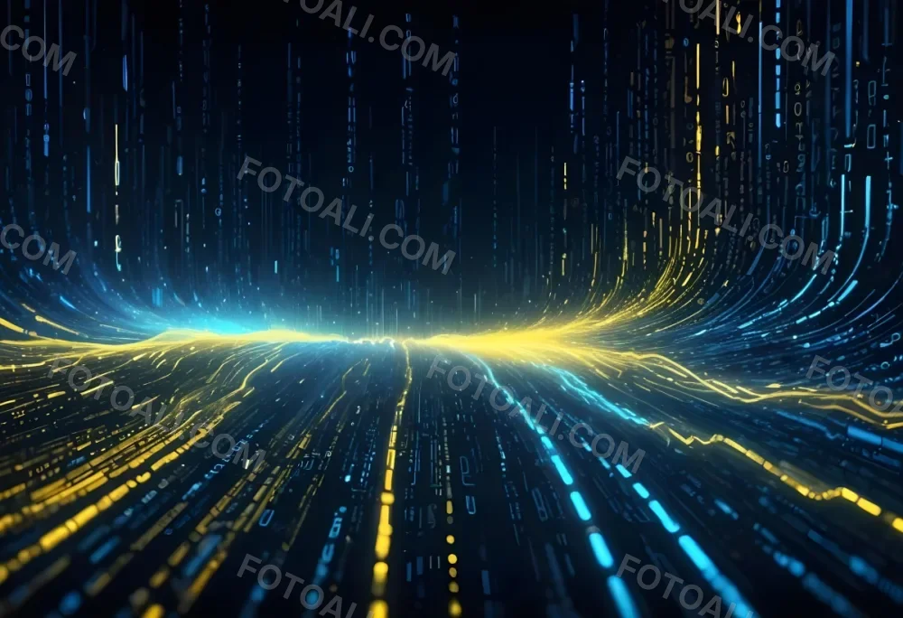 Digital Painting Binary Code With Blue And Yellow Light Trails Futuristic Background With Glowing Dots Futuristic Technology Concept Data Stream Visualization Abstract Digital Art Bold And Slim Lines Brush Strokes 9 4fec