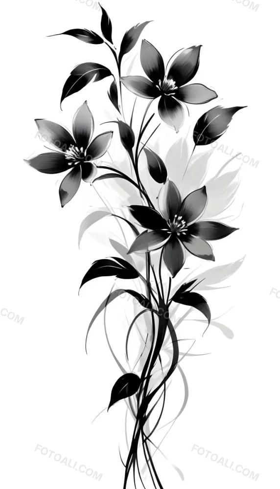 Digital Painting Black And White Floral Pattern With Abstract Flowers And Leaves Bold And Slim Lines Brush Strokes 10 4df7