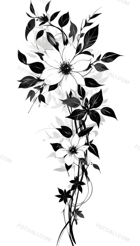 Digital Painting Black And White Floral Pattern With Abstract Flowers And Leaves Bold And Slim Lines Brush Strokes 11 47b4