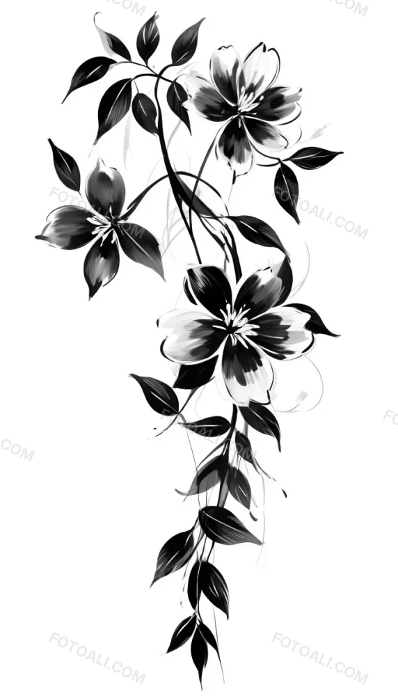 Digital Painting Black And White Floral Pattern With Abstract Flowers And Leaves Bold And Slim Lines Brush Strokes 12 B88b