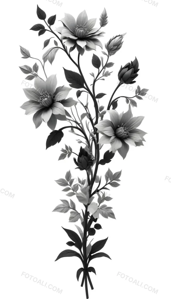 Digital Painting Black And White Floral Pattern With Abstract Flowers And Leaves Bold And Slim Lines Brush Strokes 2 F26a