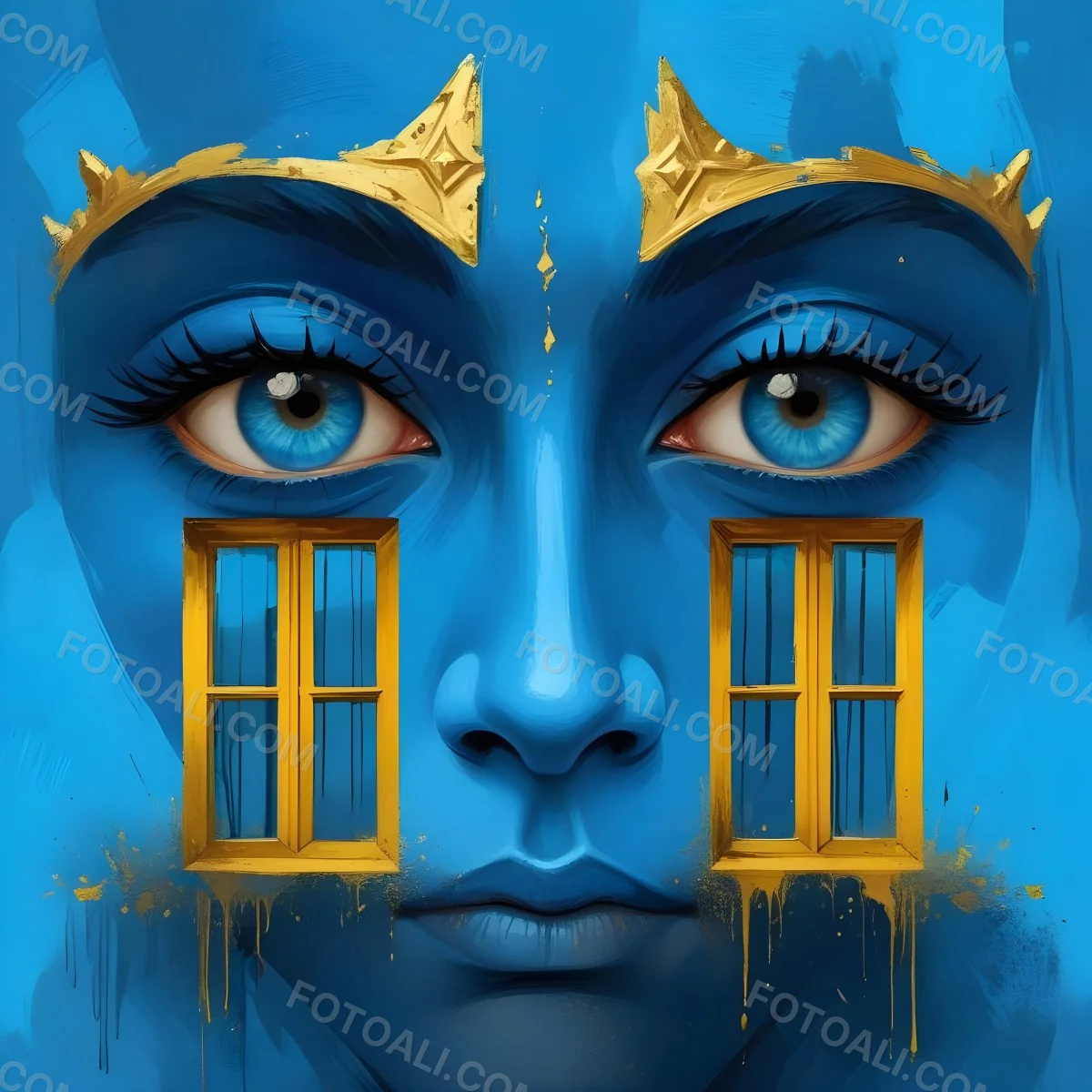 Digital Painting Blue Face With Blue Eyes And Golden Crown Windows As Nose Blue Background Bold And Slim Lines Brush Strokes 1 E75f
