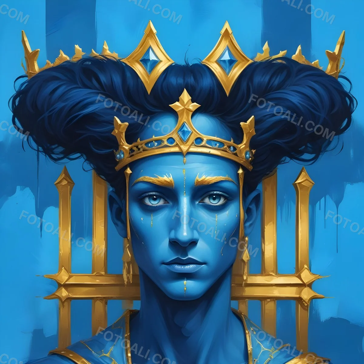 Digital Painting Blue Face With Blue Eyes And Golden Crown Windows As Nose Blue Background Bold And Slim Lines Brush Strokes 11 Cf5b