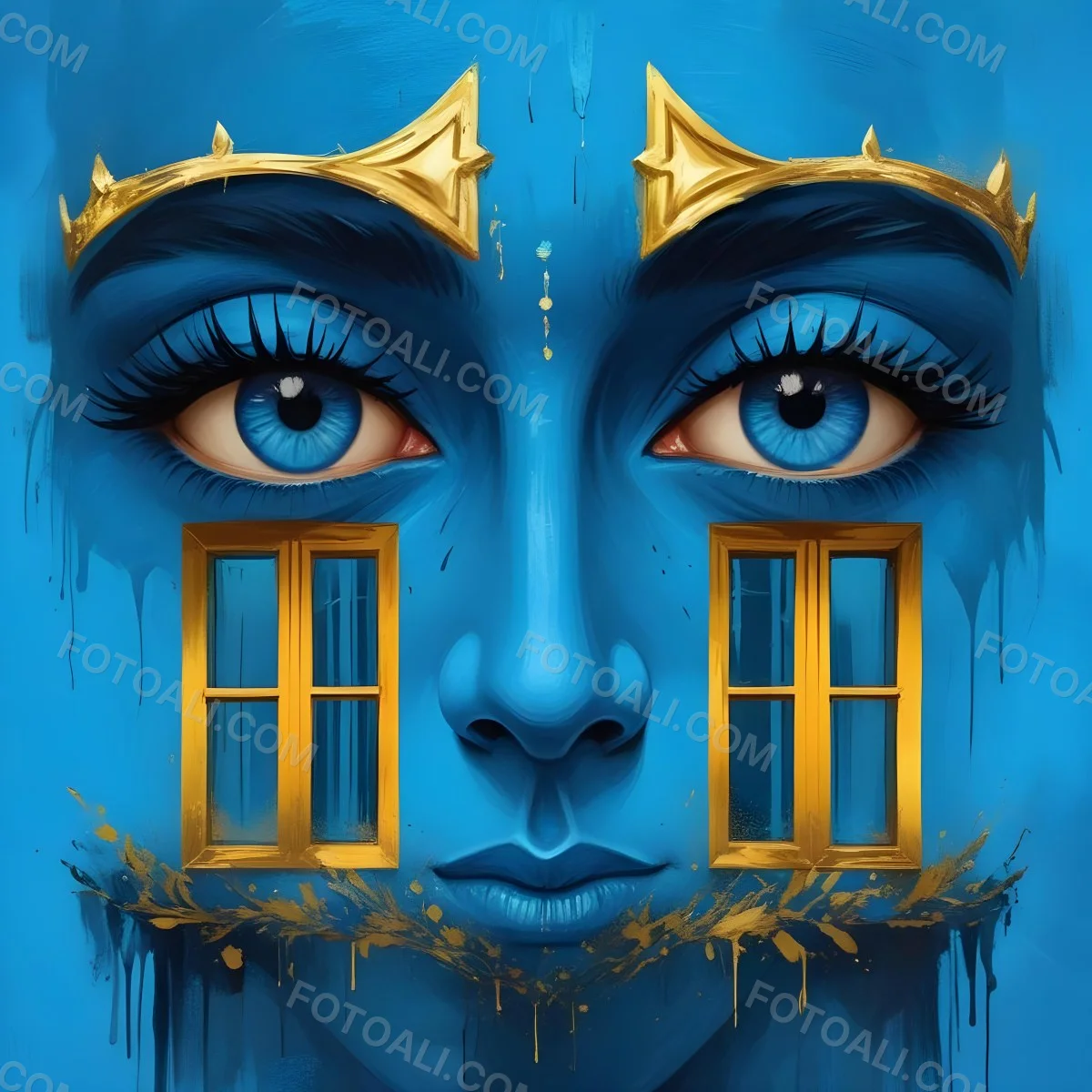 Digital Painting Blue Face With Blue Eyes And Golden Crown Windows As Nose Blue Background Bold And Slim Lines Brush Strokes 12 6b35