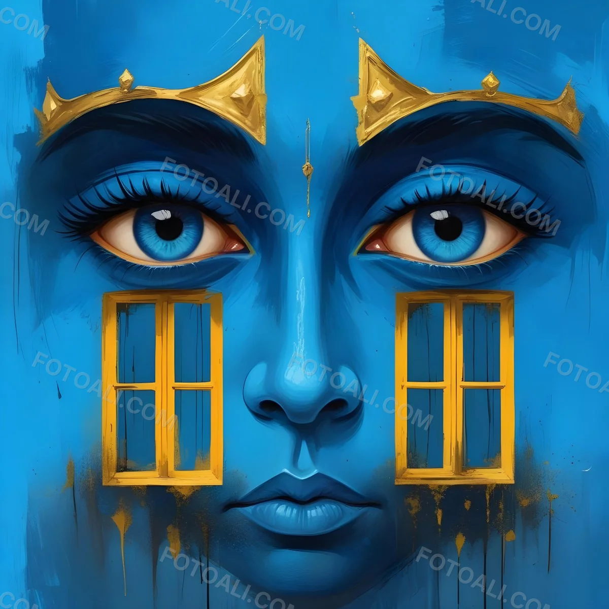 Digital Painting Blue Face With Blue Eyes And Golden Crown Windows As Nose Blue Background Bold And Slim Lines Brush Strokes 15 Aaa2