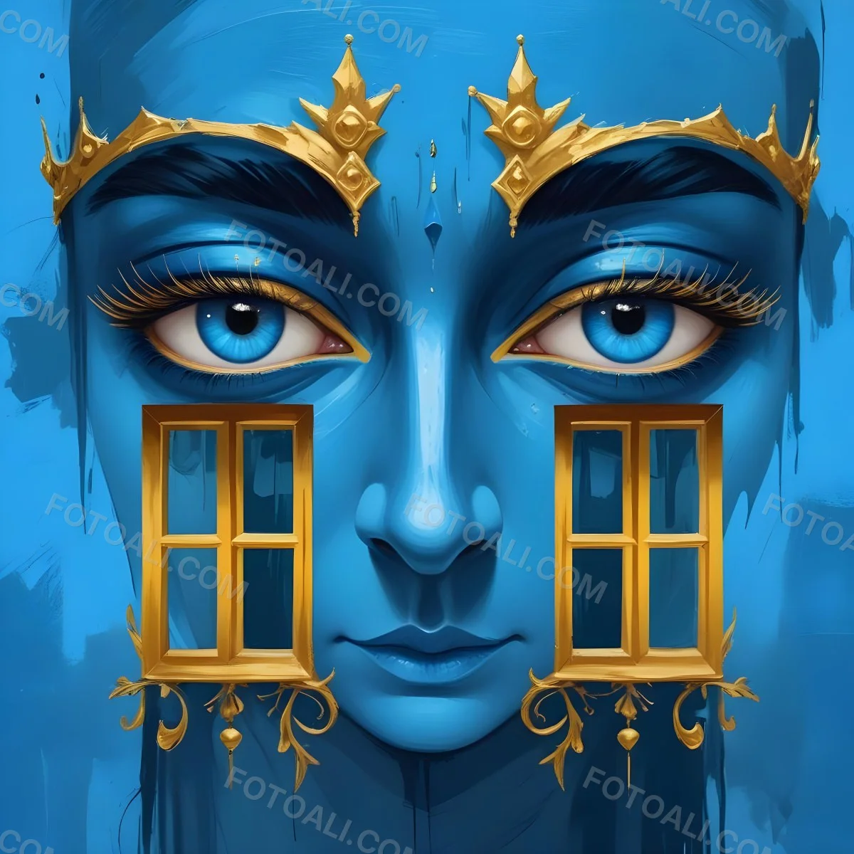 Digital Painting Blue Face With Blue Eyes And Golden Crown Windows As Nose Blue Background Bold And Slim Lines Brush Strokes 16 Ddb7