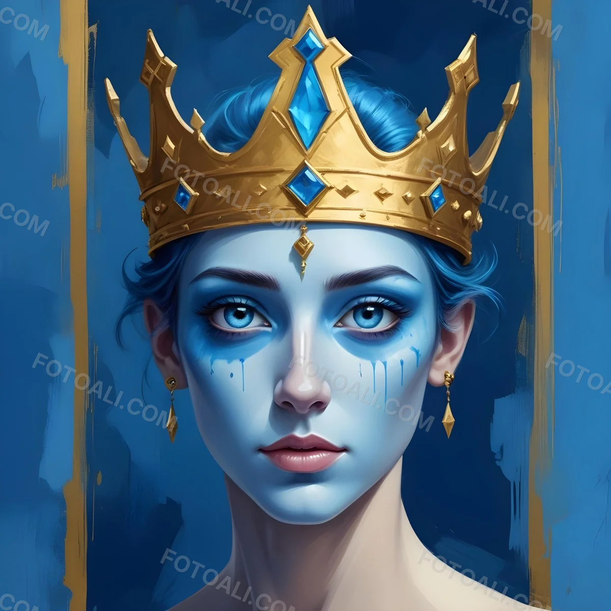 Digital Painting Blue Face With Blue Eyes And Golden Crown Windows As Nose Blue Background Bold And Slim Lines Brush Strokes 18 0137