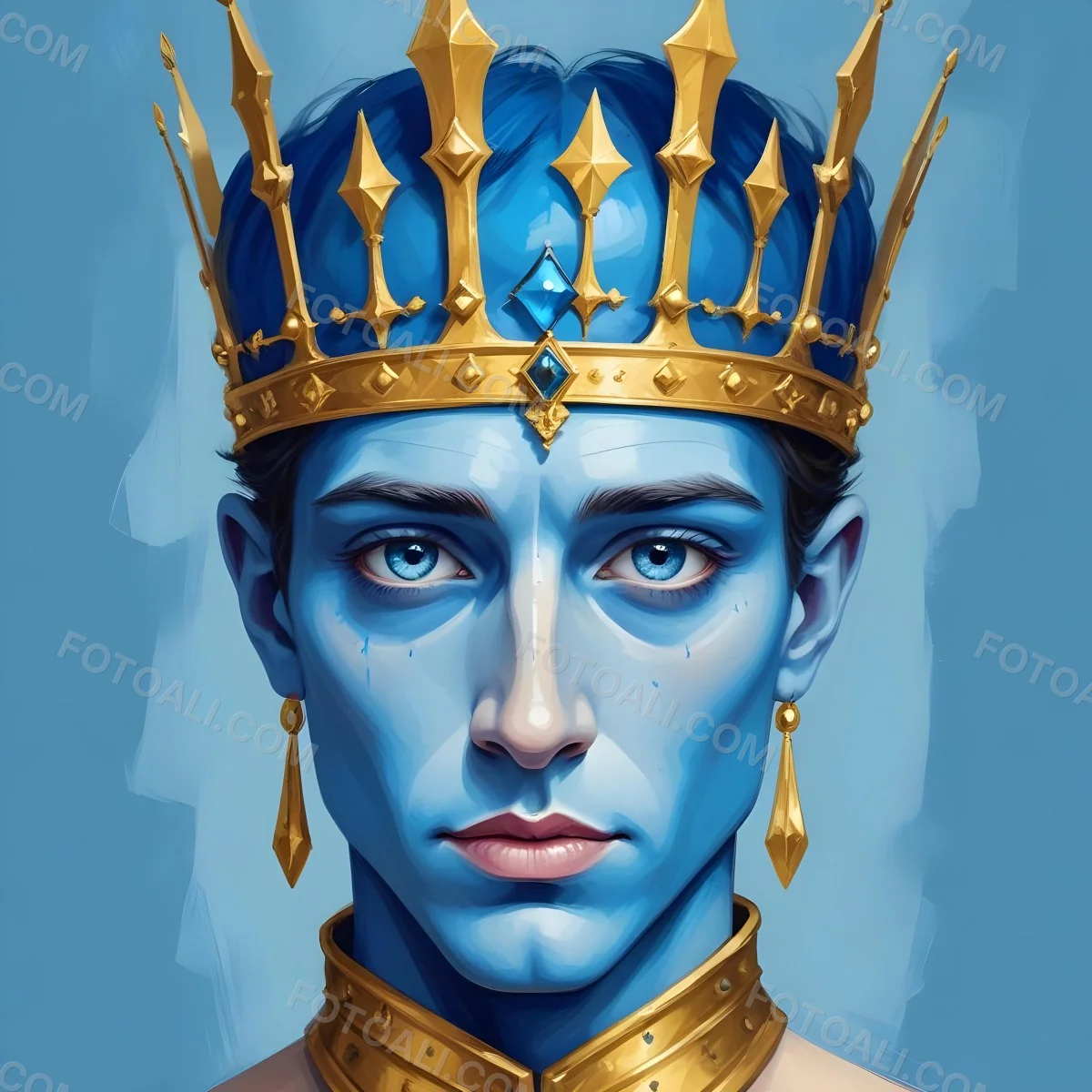 Digital Painting Blue Face With Blue Eyes And Golden Crown Windows As Nose Blue Background Bold And Slim Lines Brush Strokes 19 076b