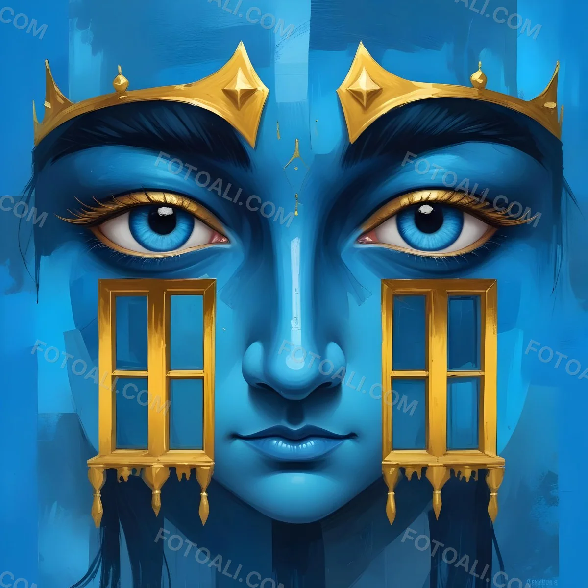 Digital Painting Blue Face With Blue Eyes And Golden Crown Windows As Nose Blue Background Bold And Slim Lines Brush Strokes 2 86a8