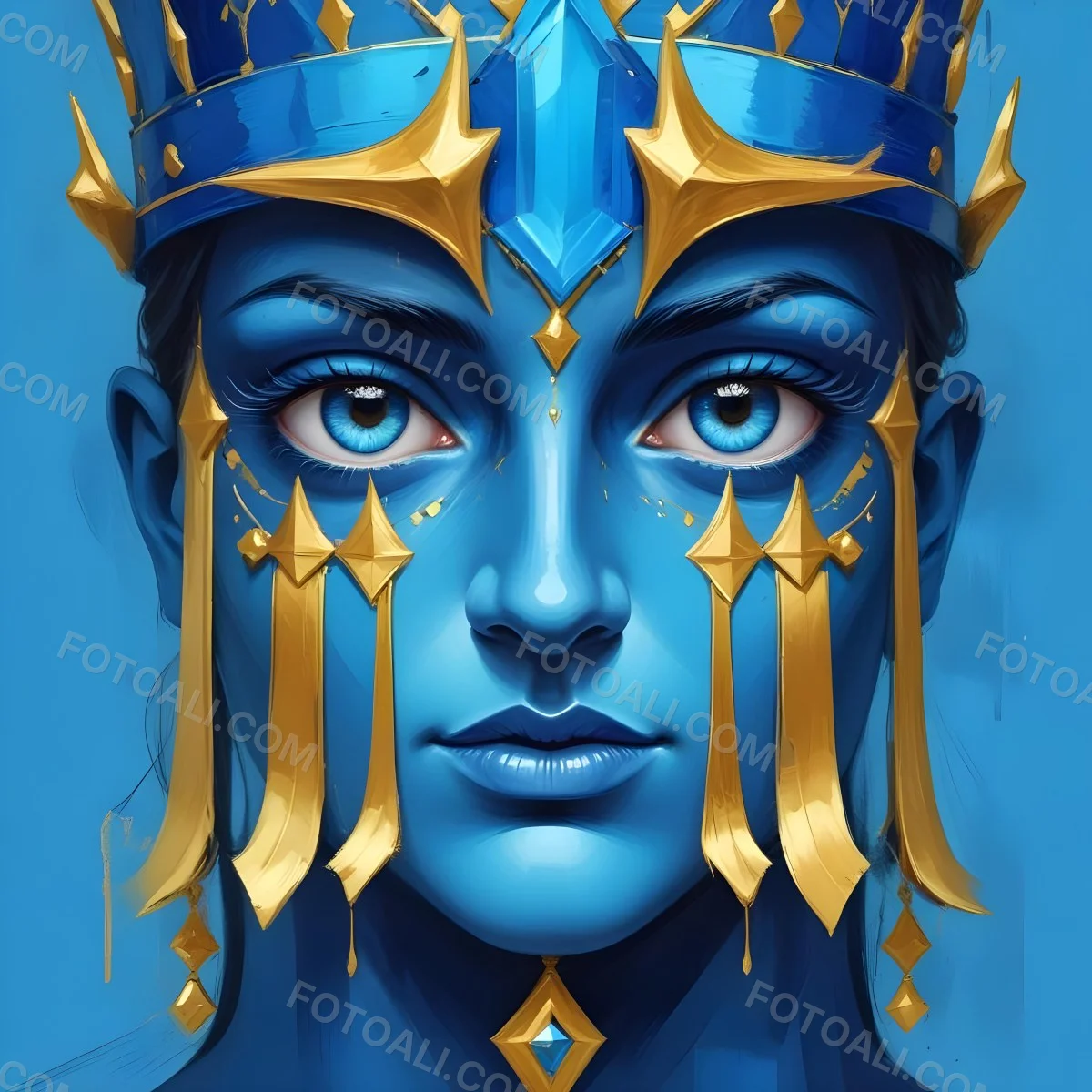 Digital Painting Blue Face With Blue Eyes And Golden Crown Windows As Nose Blue Background Bold And Slim Lines Brush Strokes 21 Dee5