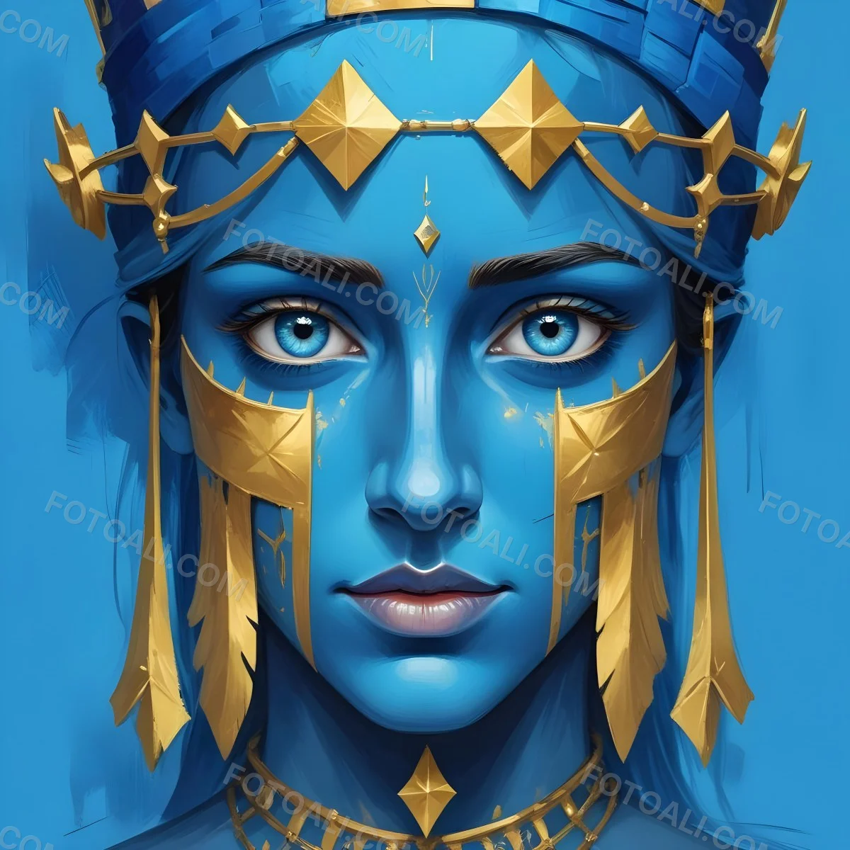 Digital Painting Blue Face With Blue Eyes And Golden Crown Windows As Nose Blue Background Bold And Slim Lines Brush Strokes 24 81e3
