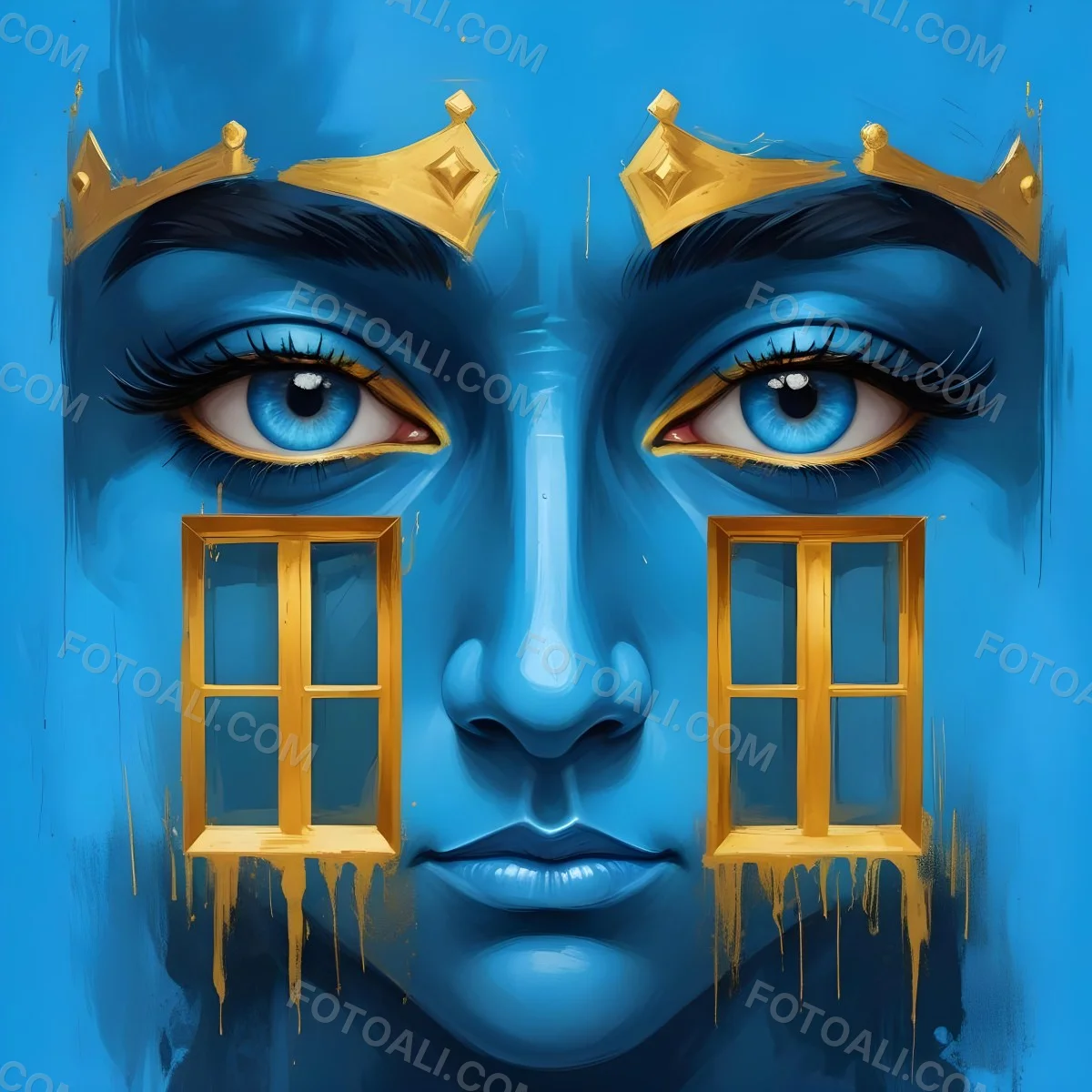 Digital Painting Blue Face With Blue Eyes And Golden Crown Windows As Nose Blue Background Bold And Slim Lines Brush Strokes 26 E05c