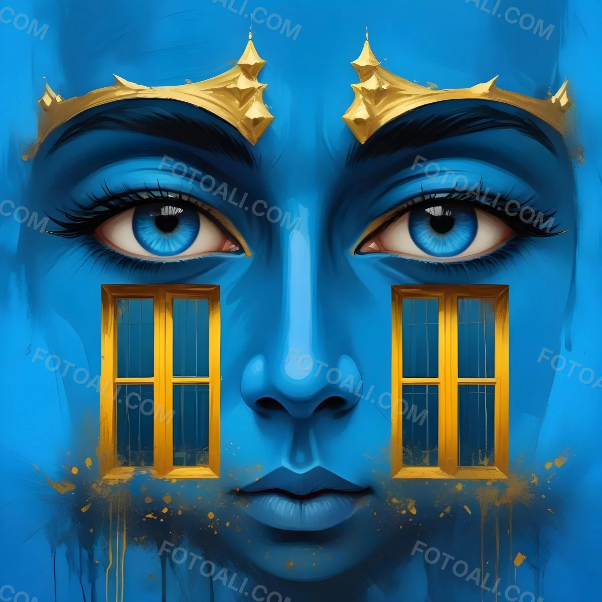 Digital Painting Blue Face With Blue Eyes And Golden Crown Windows As Nose Blue Background Bold And Slim Lines Brush Strokes 3 584d