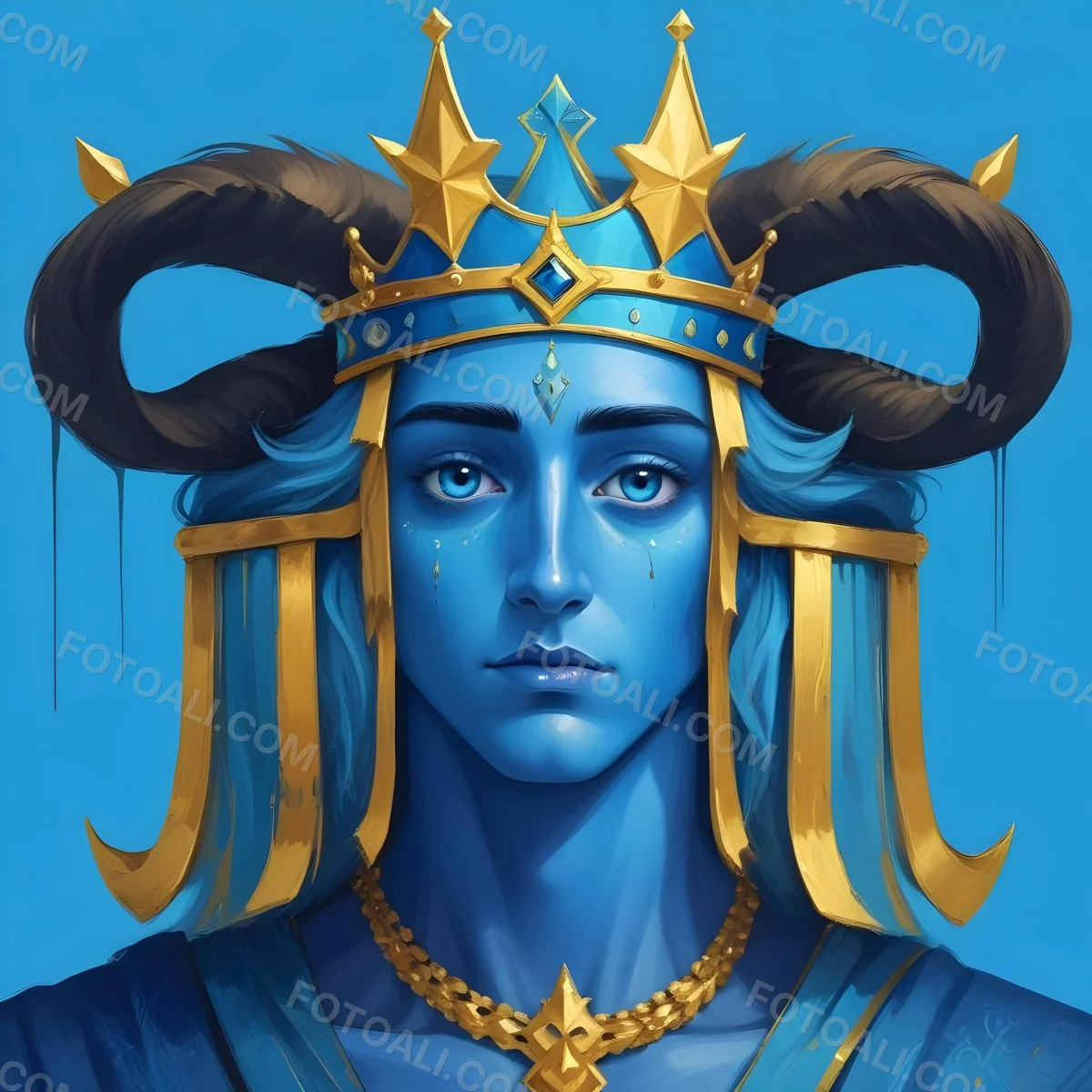 Digital Painting Blue Face With Blue Eyes And Golden Crown Windows As Nose Blue Background Bold And Slim Lines Brush Strokes 30 B85c