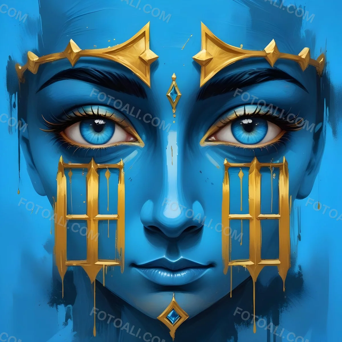 Digital Painting Blue Face With Blue Eyes And Golden Crown Windows As Nose Blue Background Bold And Slim Lines Brush Strokes 35 Eeee