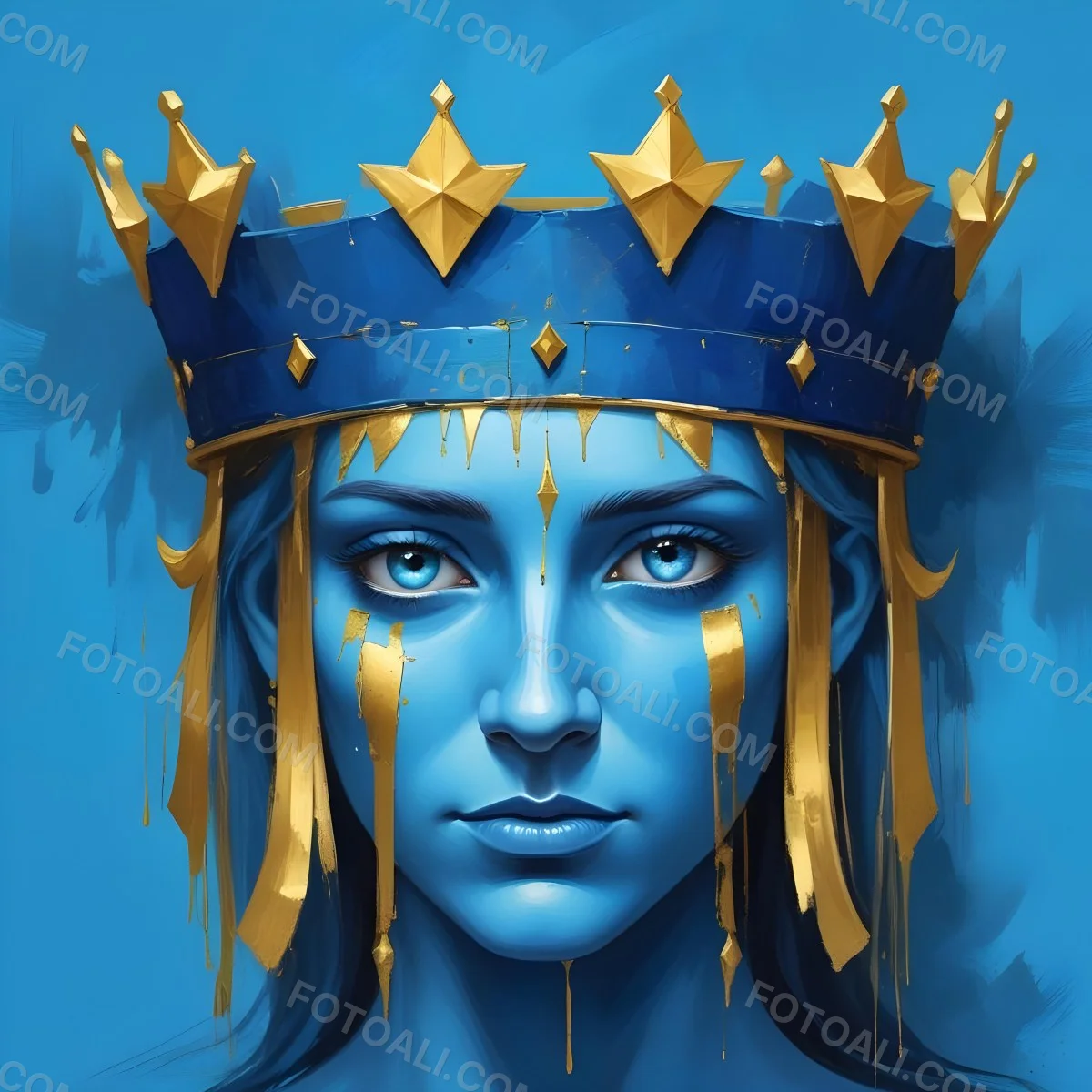 Digital Painting Blue Face With Blue Eyes And Golden Crown Windows As Nose Blue Background Bold And Slim Lines Brush Strokes 37 5b83