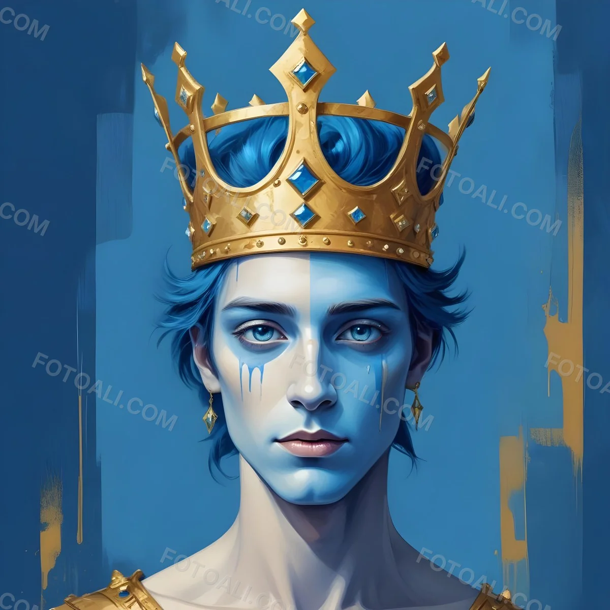 Digital Painting Blue Face With Blue Eyes And Golden Crown Windows As Nose Blue Background Bold And Slim Lines Brush Strokes 38 Fa5e