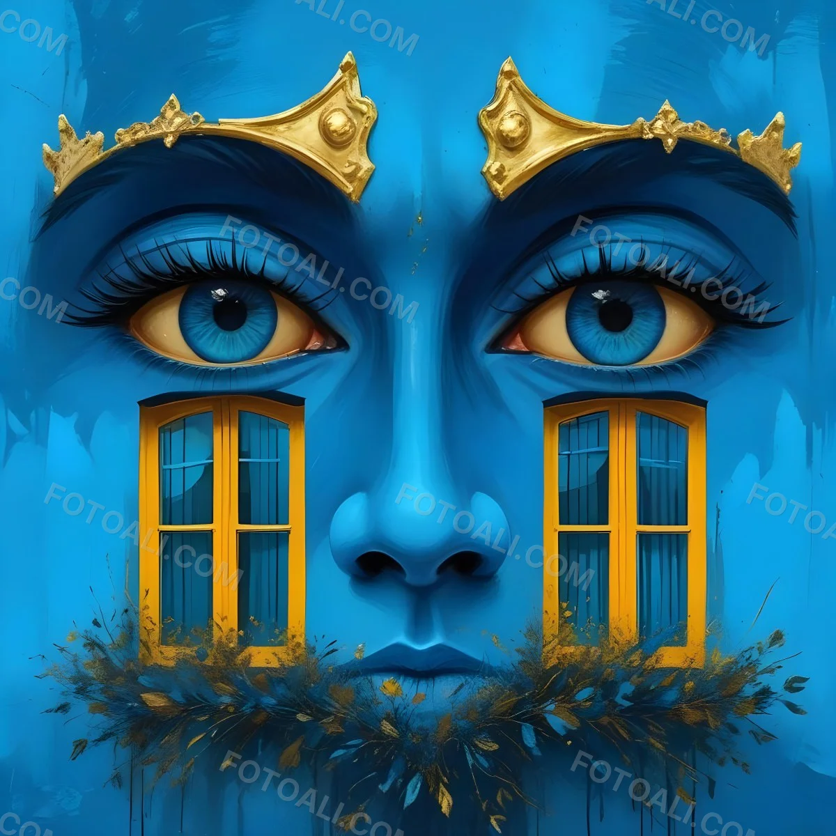 Digital Painting Blue Face With Blue Eyes And Golden Crown Windows As Nose Blue Background Bold And Slim Lines Brush Strokes 4 B174