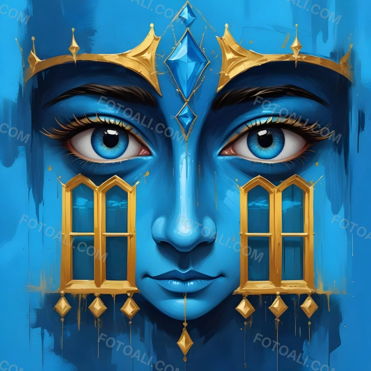 Digital Painting Blue Face With Blue Eyes And Golden Crown Windows As Nose Blue Background Bold And Slim Lines Brush Strokes 40 Eb0a