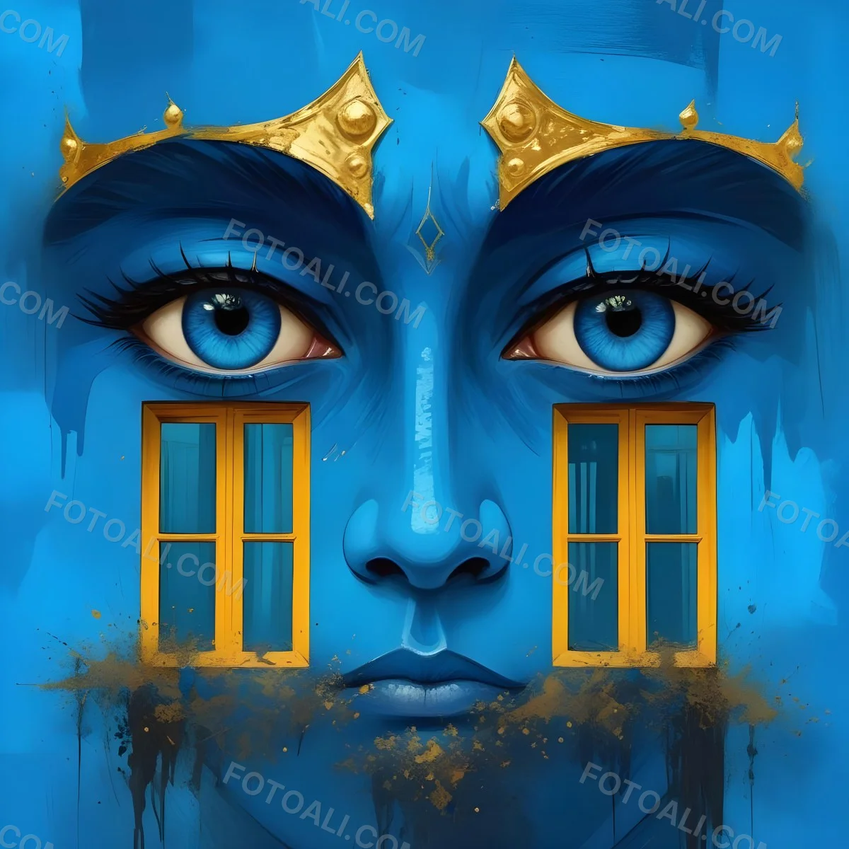 Digital Painting Blue Face With Blue Eyes And Golden Crown Windows As Nose Blue Background Bold And Slim Lines Brush Strokes 5 D651