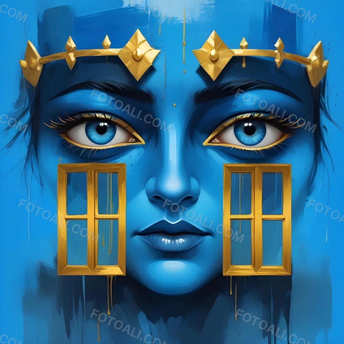 Digital Painting Blue Face With Blue Eyes And Golden Crown Windows As Nose Blue Background Bold And Slim Lines Brush Strokes 6 38c7