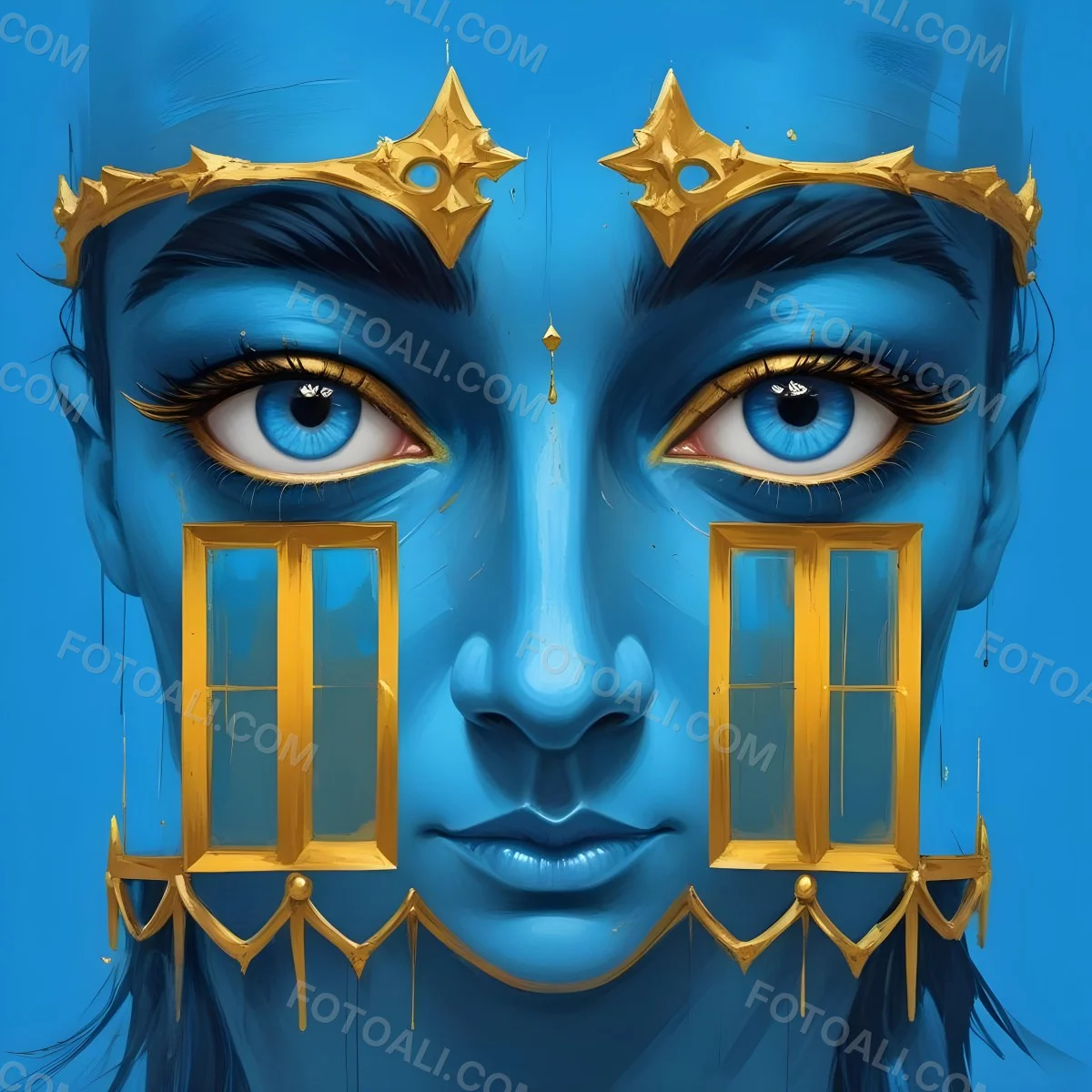 Digital Painting Blue Face With Blue Eyes And Golden Crown Windows As Nose Blue Background Bold And Slim Lines Brush Strokes 7 Db0a