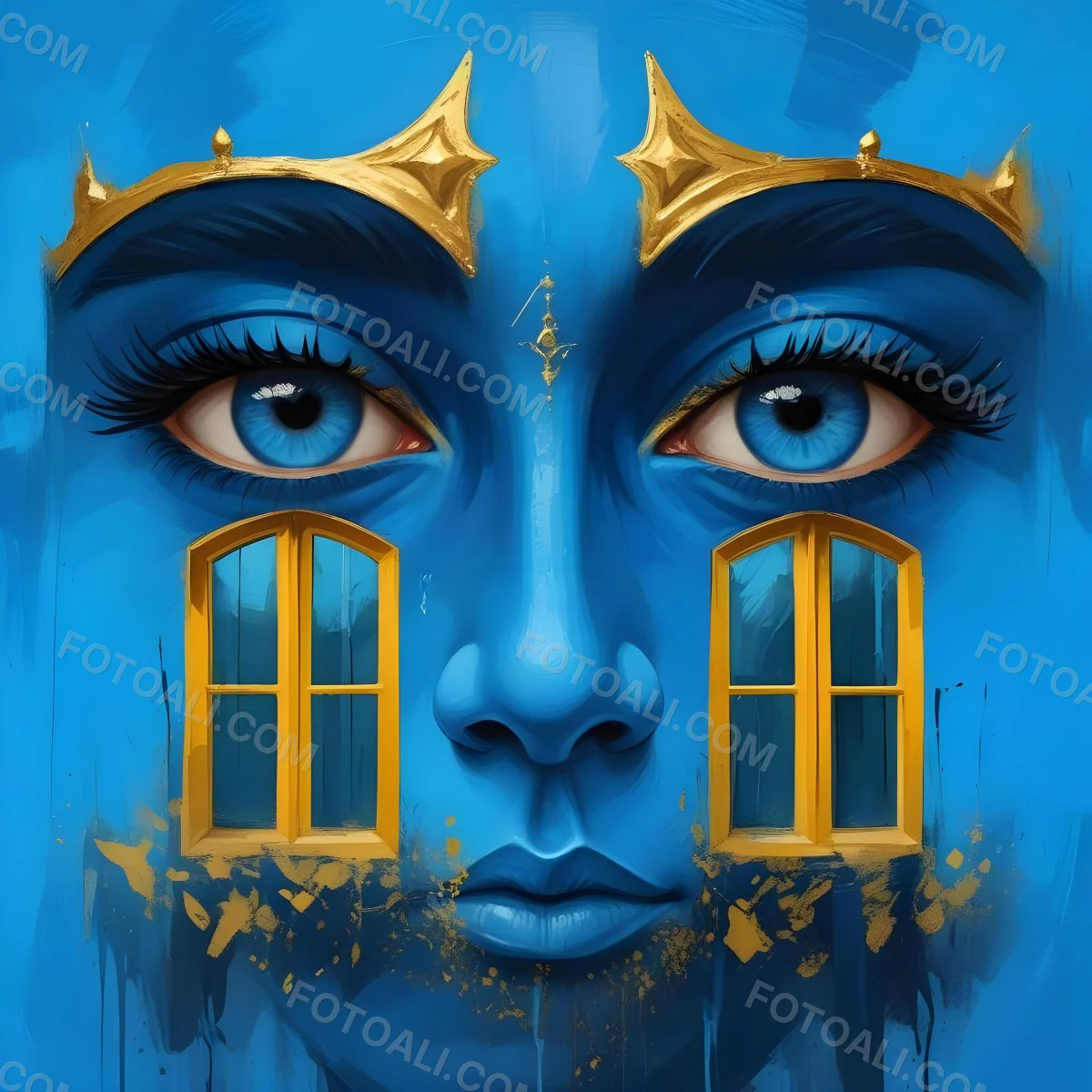 Digital Painting Blue Face With Blue Eyes And Golden Crown Windows As Nose Blue Background Bold And Slim Lines Brush Strokes 8 821b