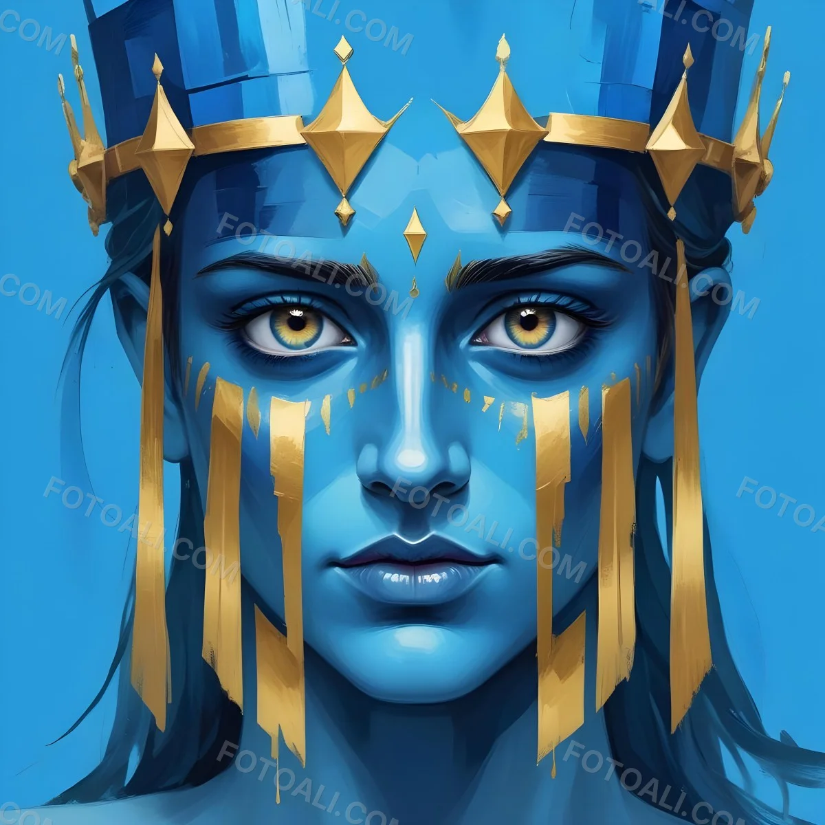 Digital Painting Blue Face With Blue Eyes And Golden Crown Windows As Nose Blue Background Bold And Slim Lines Brush Strokes 9 1a1f
