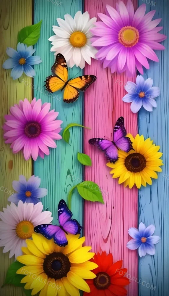 Digital Painting Butterflies And Flowers On A Colorful Wooden Background The Butterflies Have Different Colors And Patterns The Flowers Are Daisies Sunflowers And Other Types Of Flowers Bold And Slim Lines Brush Stro 1 9d87
